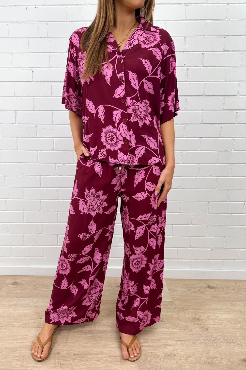 Addison Pants - Pink Multi Leaf