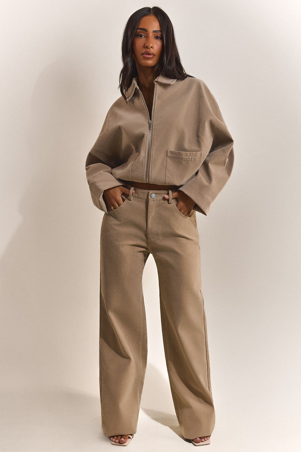 The Isla Faux Suede Cropped Jacket in Beige