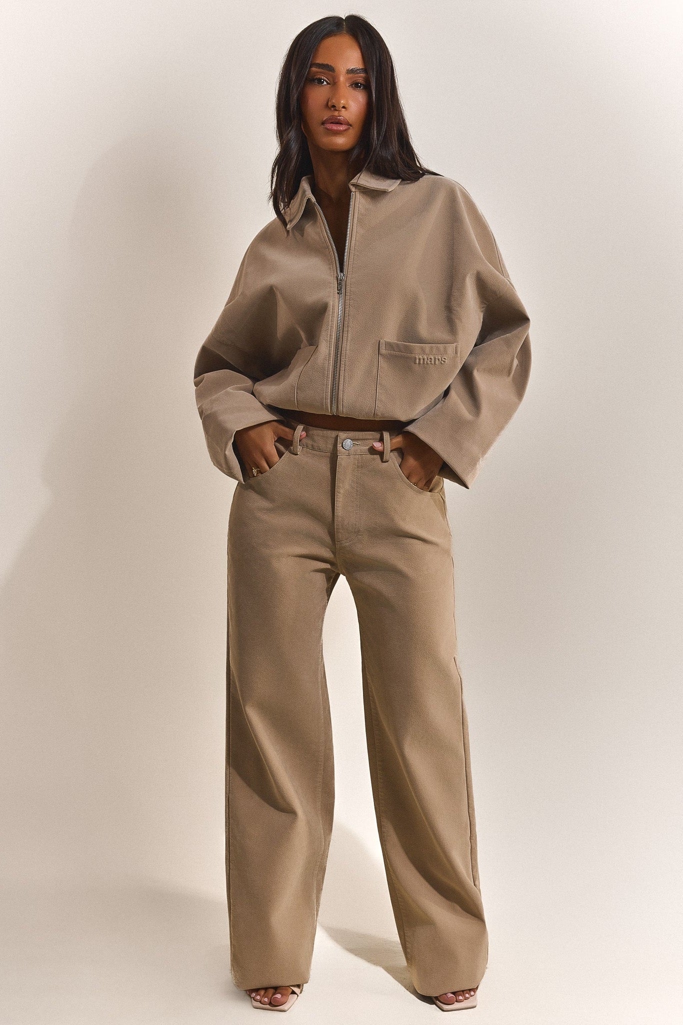 The Isla Faux Suede Cropped Jacket in Beige