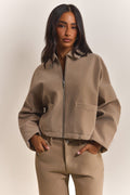 The Isla Faux Suede Cropped Jacket in Beige