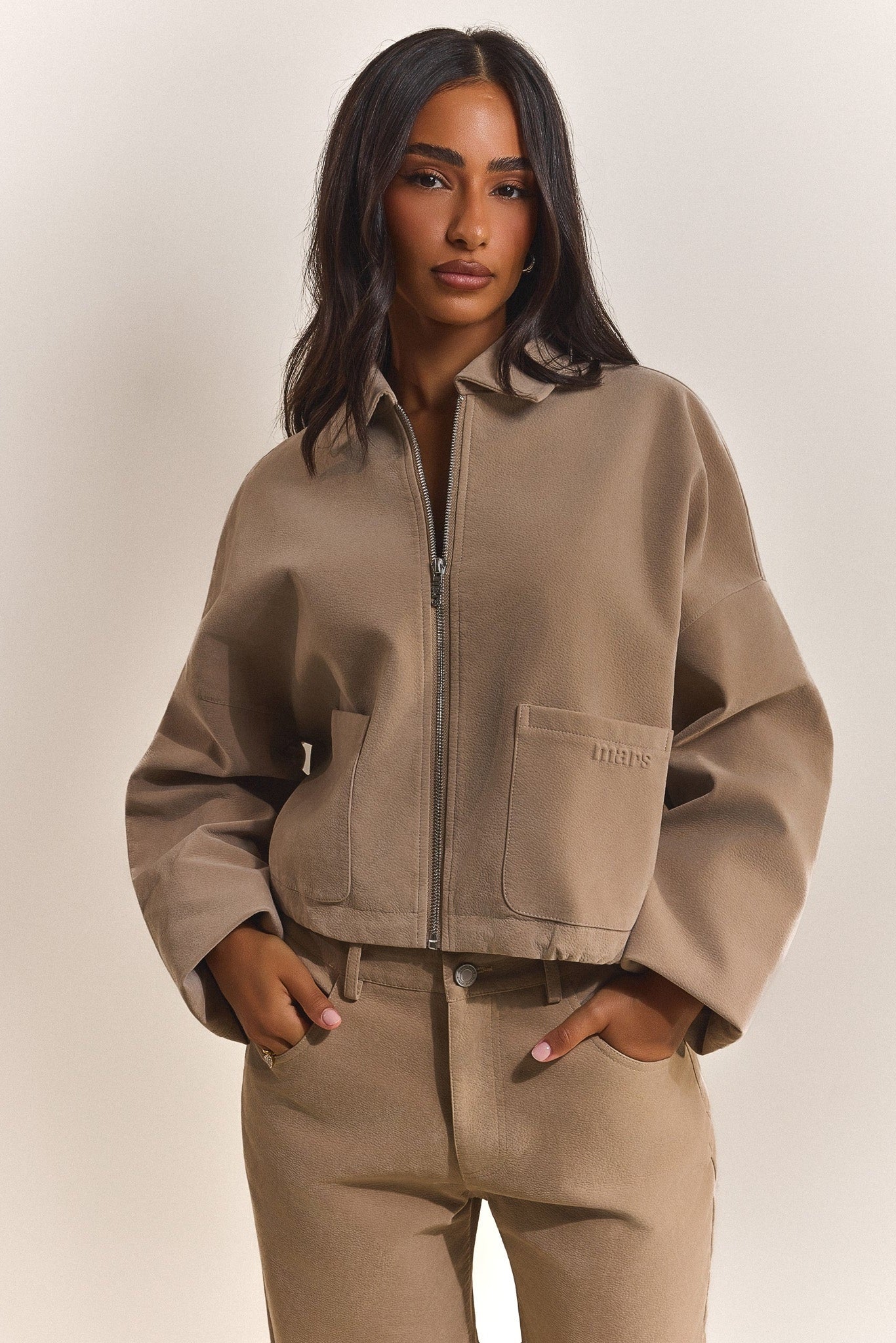 The Isla Faux Suede Cropped Jacket in Beige