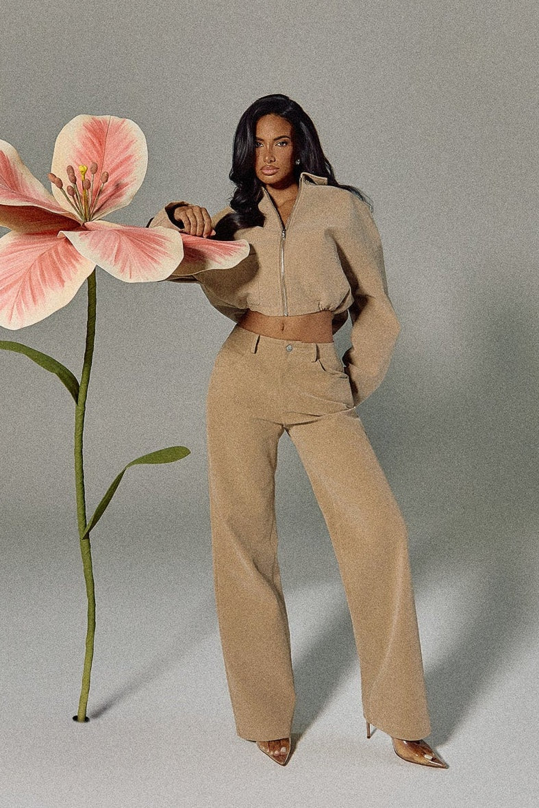 The Isla Faux Suede Cropped Jacket in Beige